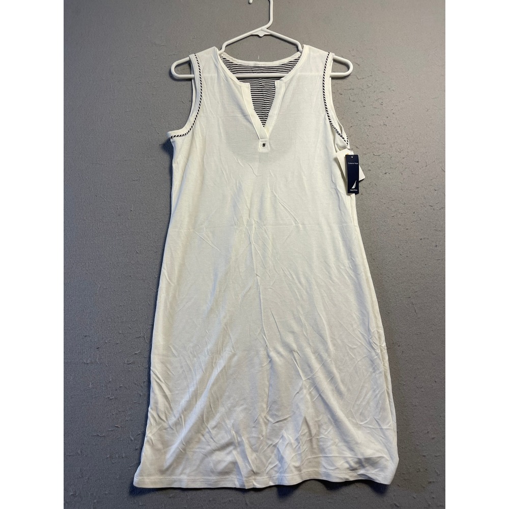 Nautica Cabana Wear Dress Pique Cotton White Navy Stripe Medium Womens
